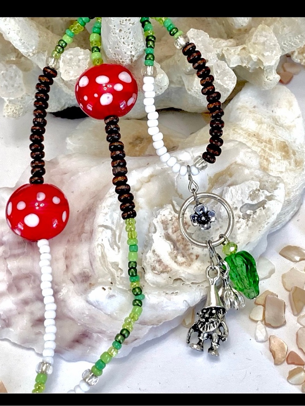 Garden Gnome Beaded Glass & Wood Necklace